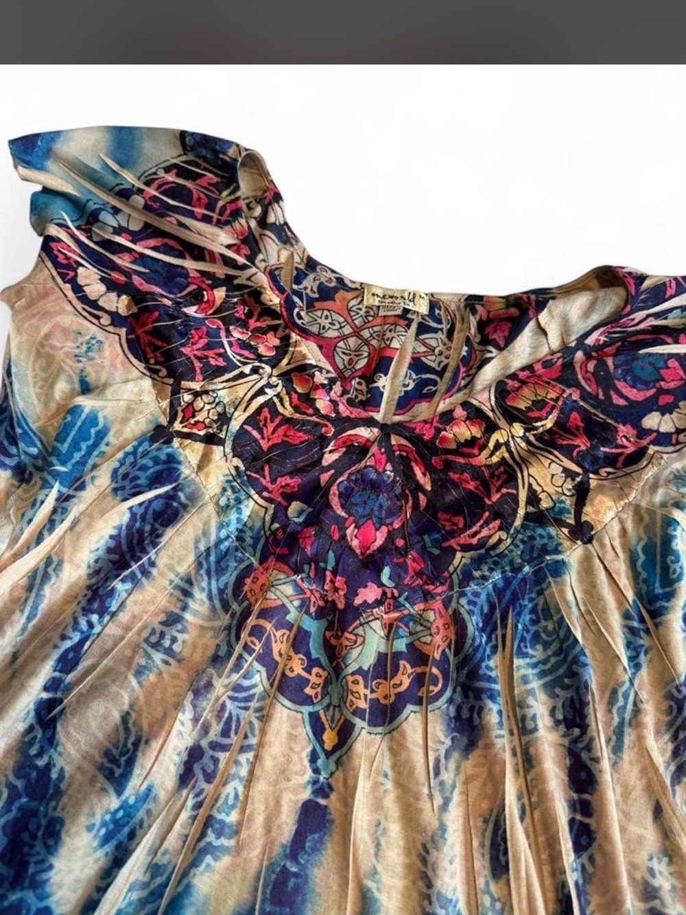 ONE WORLD Short Sleeve Boho Top in Blue and Cream with Pink Accent - Picture 3 of 5